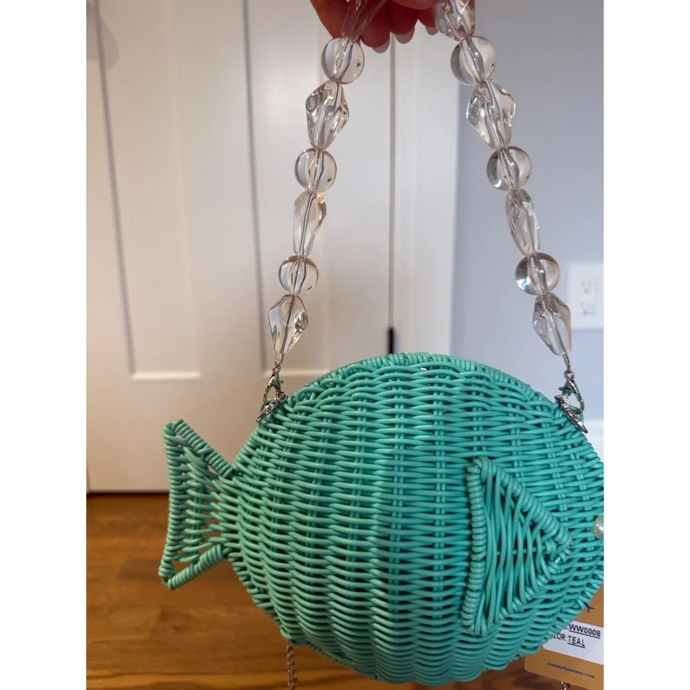 Tommy Bahama Teal Woven Wicker Fish Crossbody Bag Beaded Handle Novelty Clutch